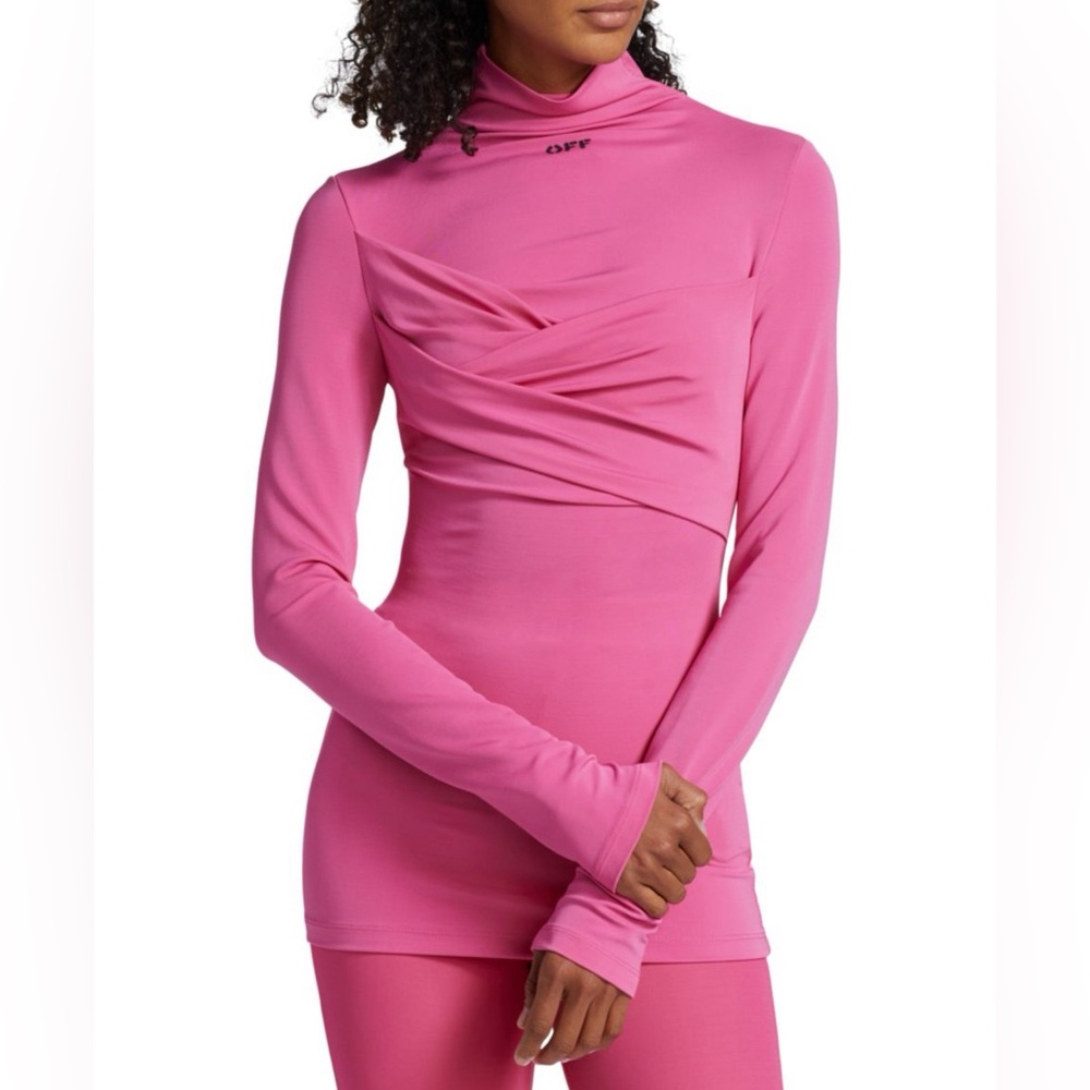 Size 0 Off-White Longline Twisted Stretch Crepe Logo Top Fuchsia Black